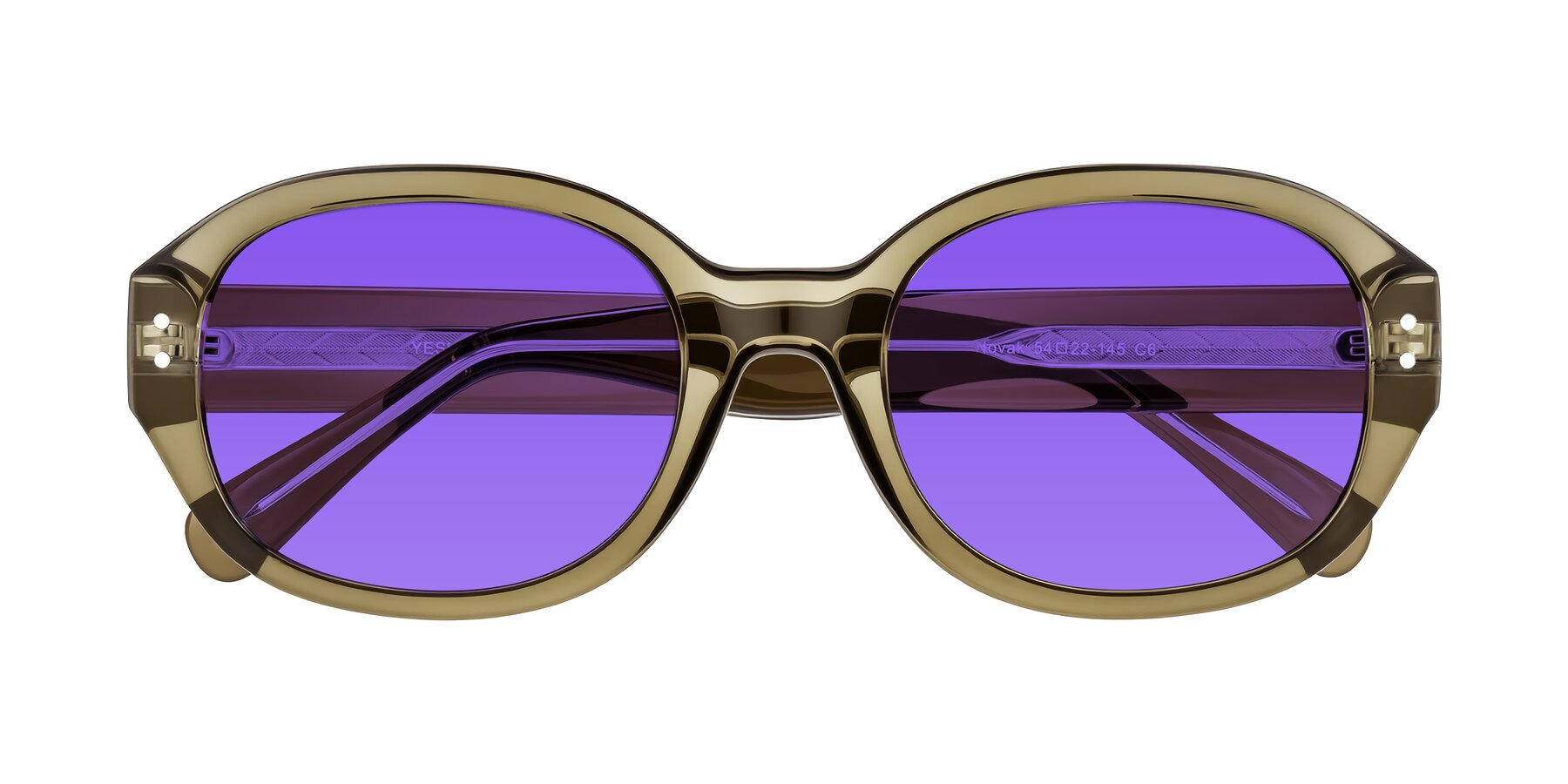 Folded Front of Novak in Translucent Olive Gray with Purple Tinted Lenses