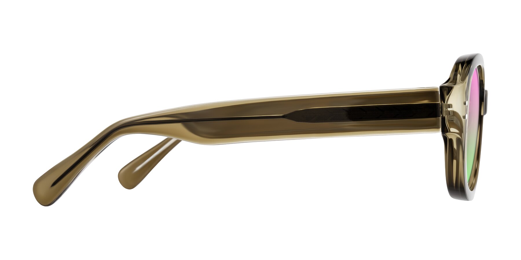 Side of Novak in Translucent Olive Gray with Pink / Green Gradient Lenses