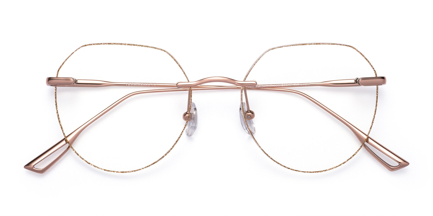 Folded Front of Torres in Rose Gold-Gold Glitter with Clear Reading Eyeglass Lenses