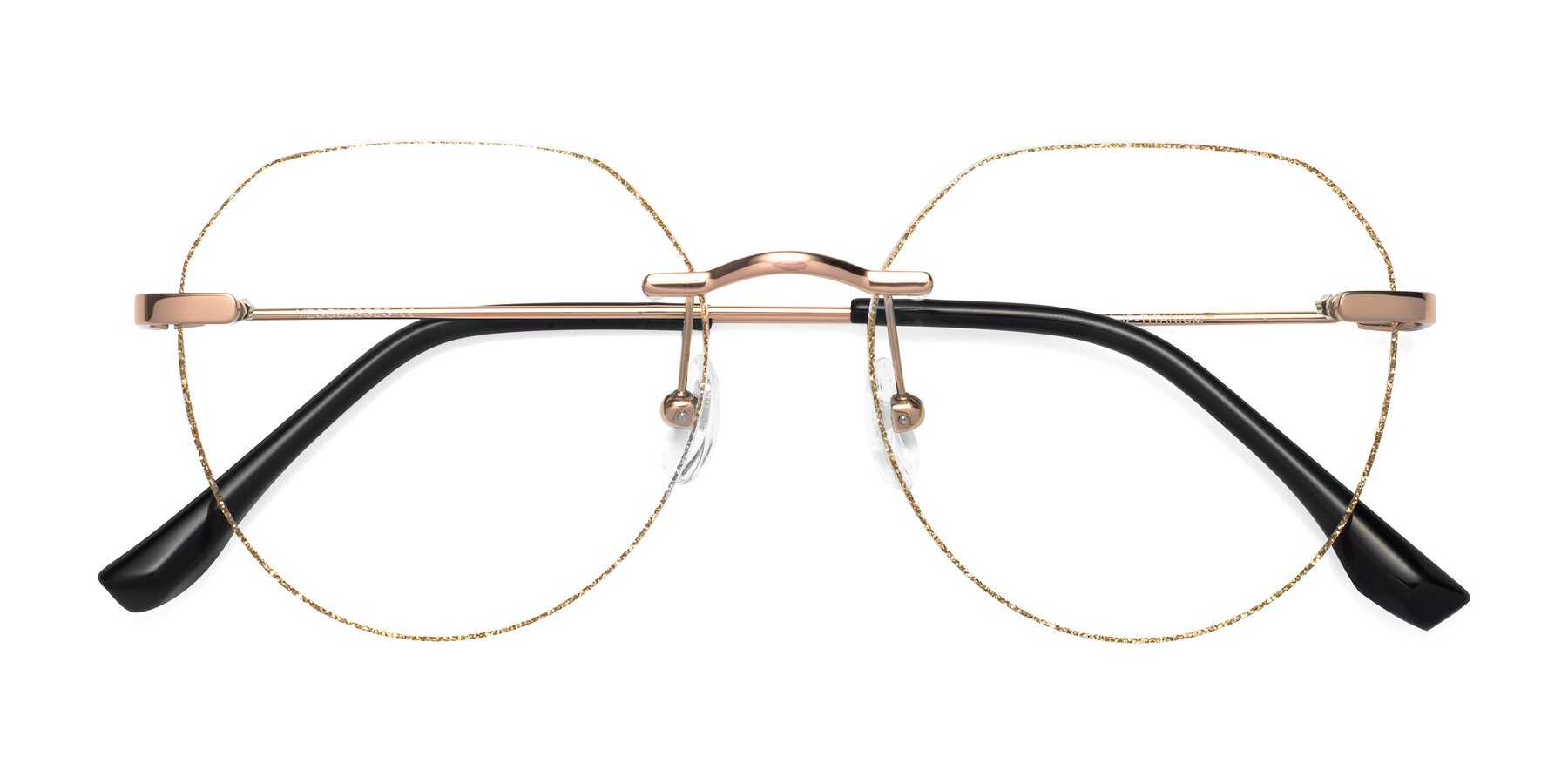 Folded Front of 1960S in Rose Gold-Gold Glitter with Clear Blue Light Blocking Lenses