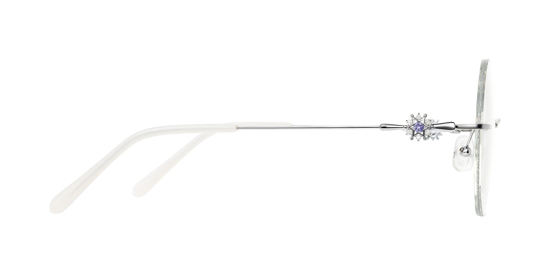 Side of Clea in Silver Glitter/Silver with Clear Eyeglass Lenses