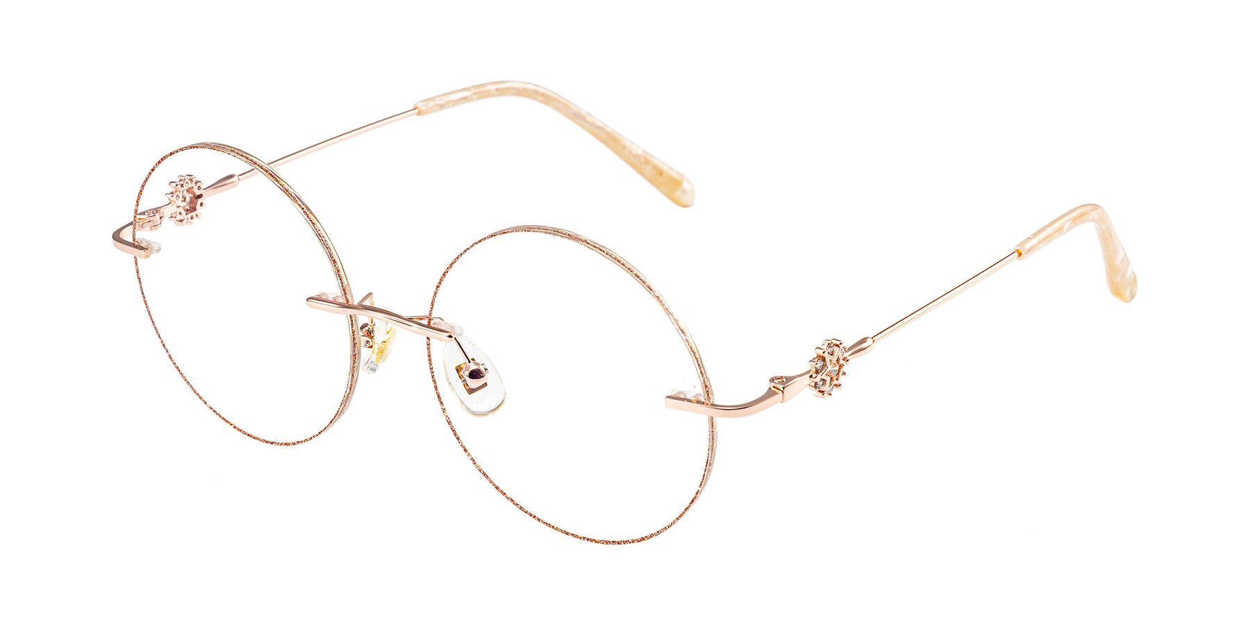 Angle of Clea in Rust Glitter/Rose Gold with Clear Eyeglass Lenses