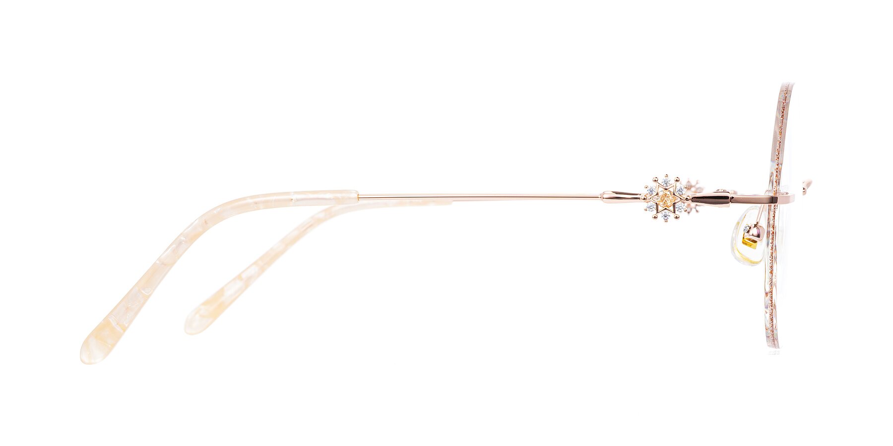 Side of Clea in Rust Glitter/Rose Gold with Clear Eyeglass Lenses