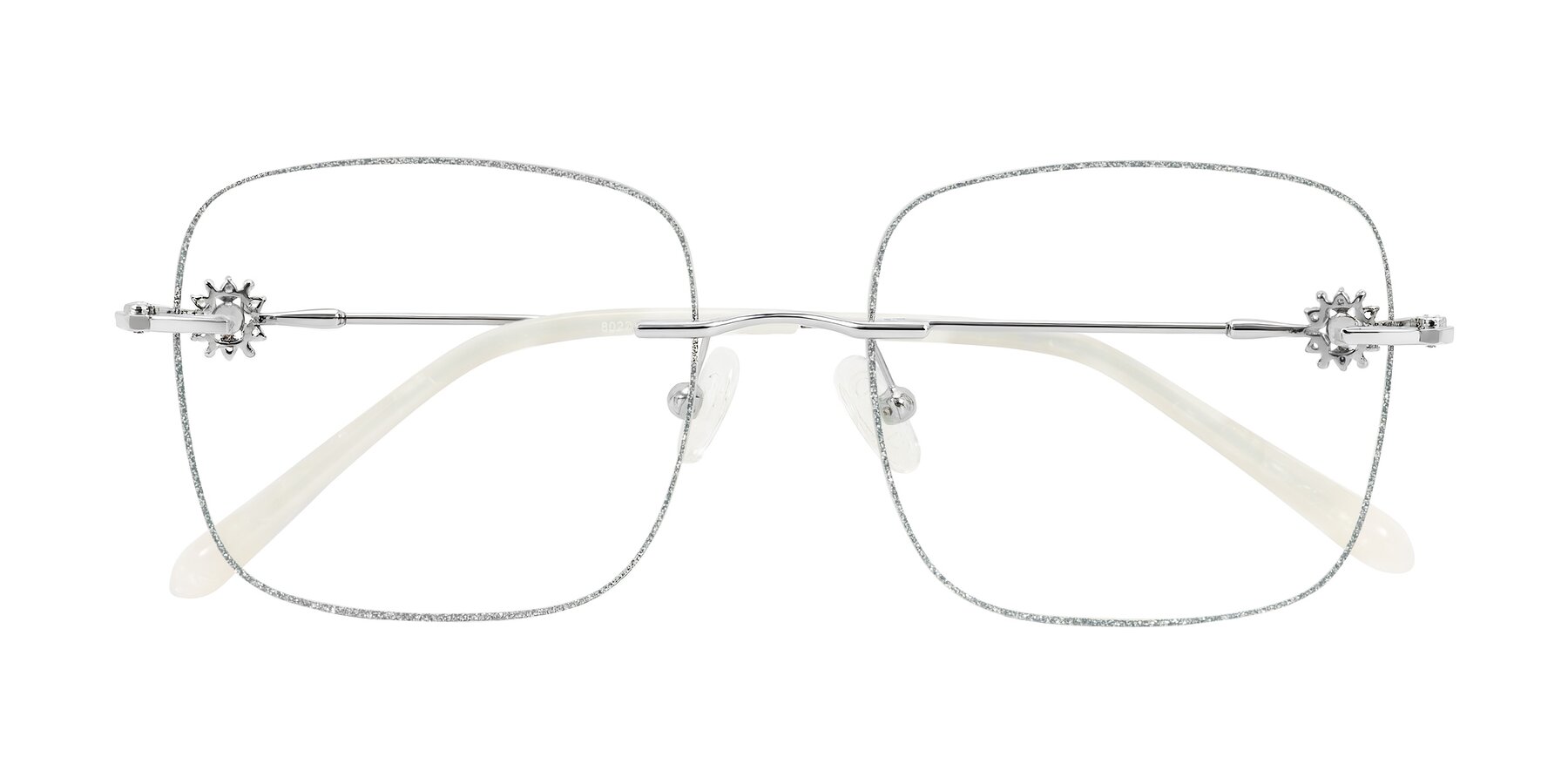 Folded Front of Viveca in Silver Glitter/Silver with Clear Blue Light Blocking Lenses