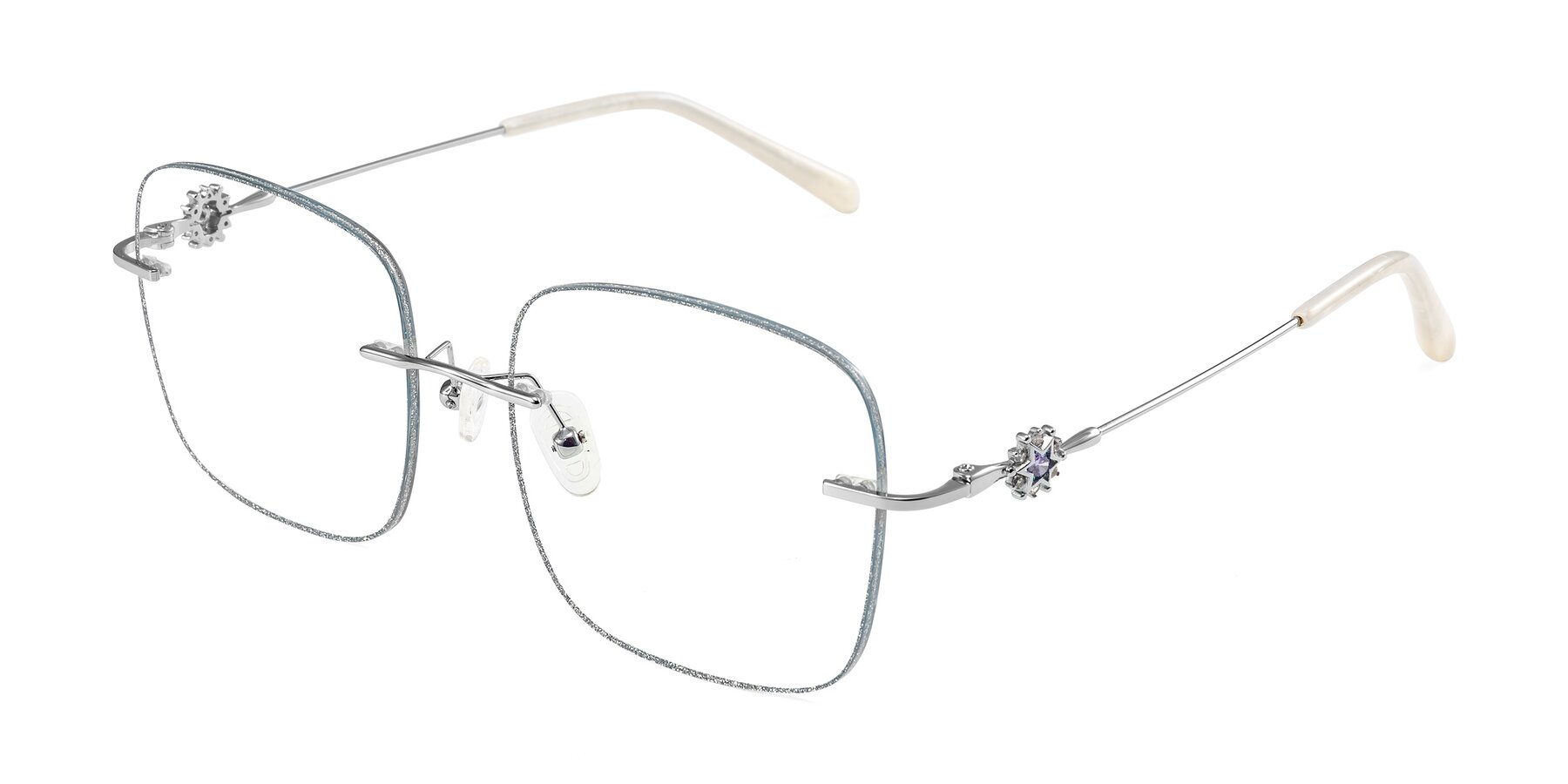 Angle of Viveca in Silver Glitter/Silver with Clear Blue Light Blocking Lenses