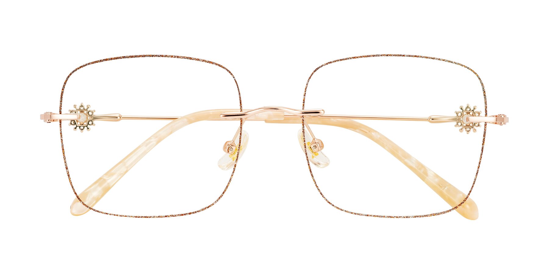 Folded Front of Viveca in Rust Glitter/Rose Gold with Clear Blue Light Blocking Lenses