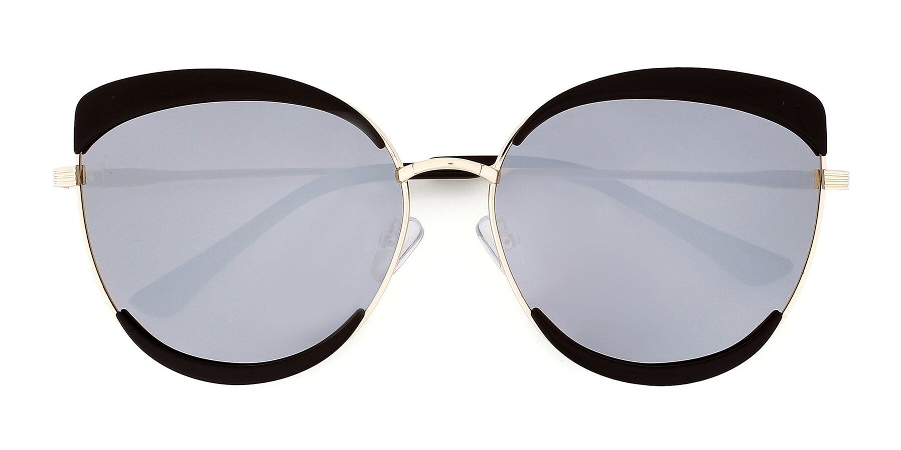 Black-Gold Wide Oversized Cat-Eye Mirrored Polarized Sunglasses with Silver Non-Rx Tac Sun Lenses