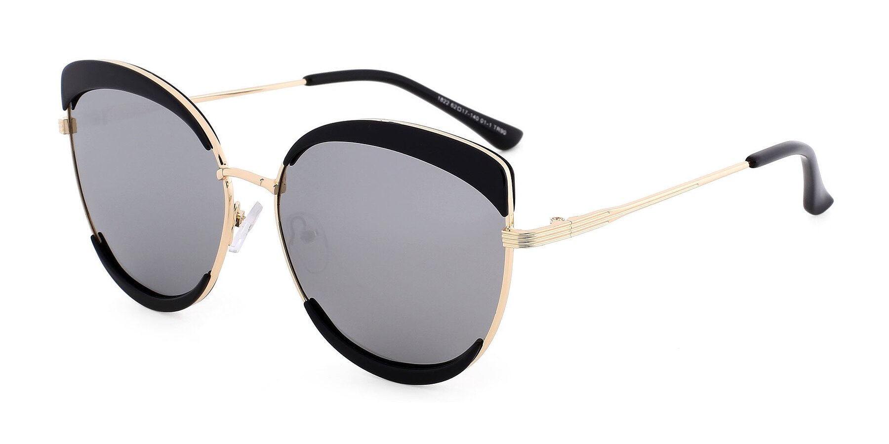 Black-Gold Wide Oversized Cat-Eye Mirrored Polarized Sunglasses with Silver Non-Rx Tac Sun Lenses