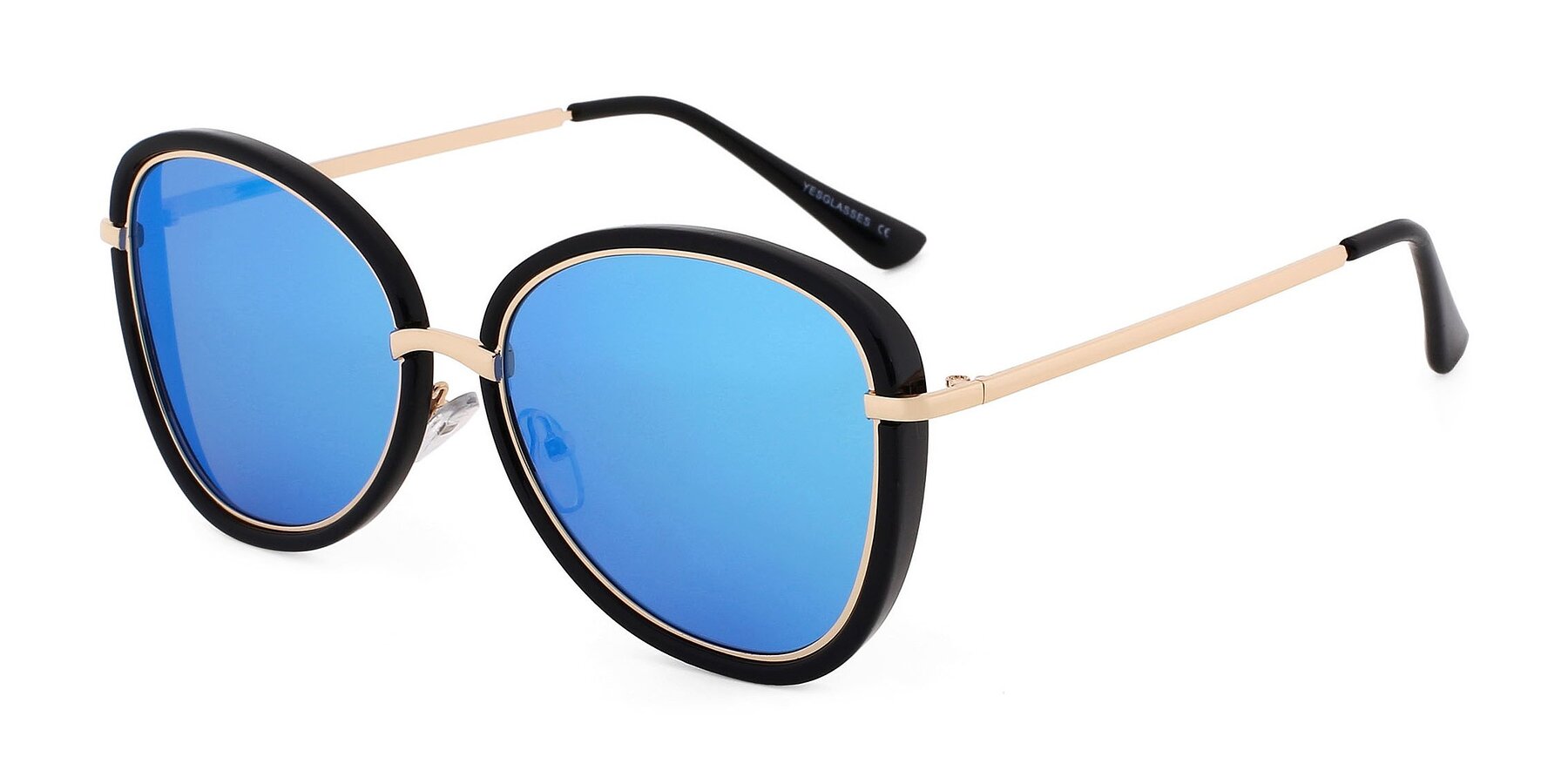 Black-Gold Oversized Metal Bridge Butterfly Mirrored Polarized Sunglasses with Blue Non-Rx Tac Sun Lenses