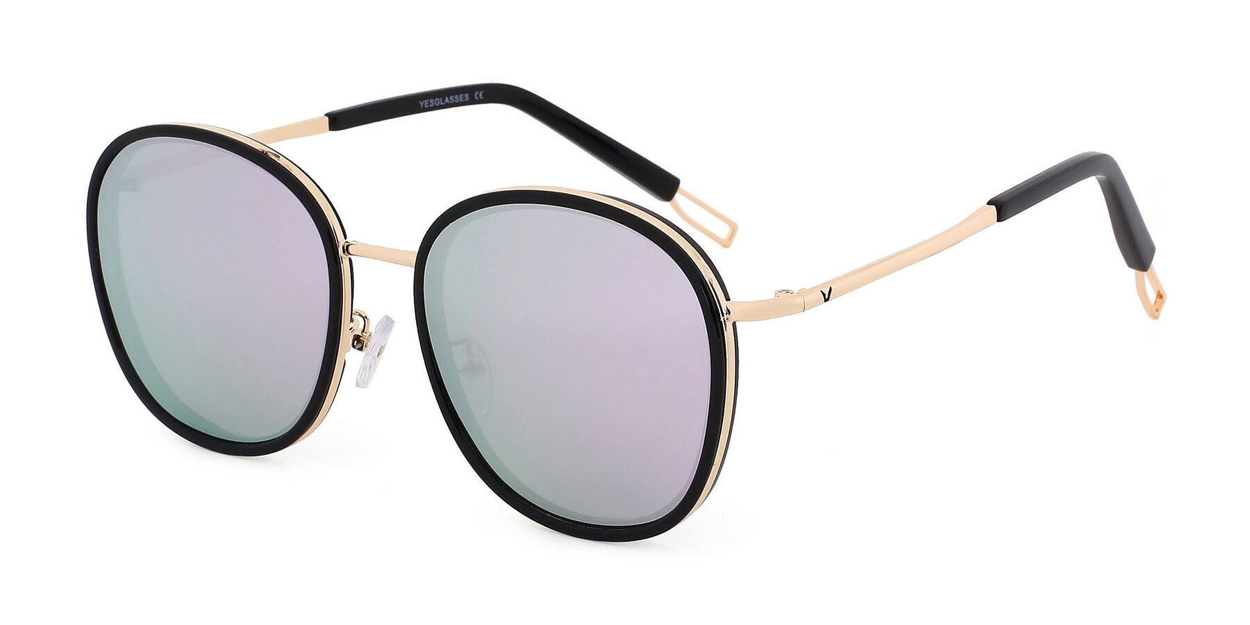 Black-Gold Oversized Metal Bridge Round Mirrored Polarized Sunglasses ...