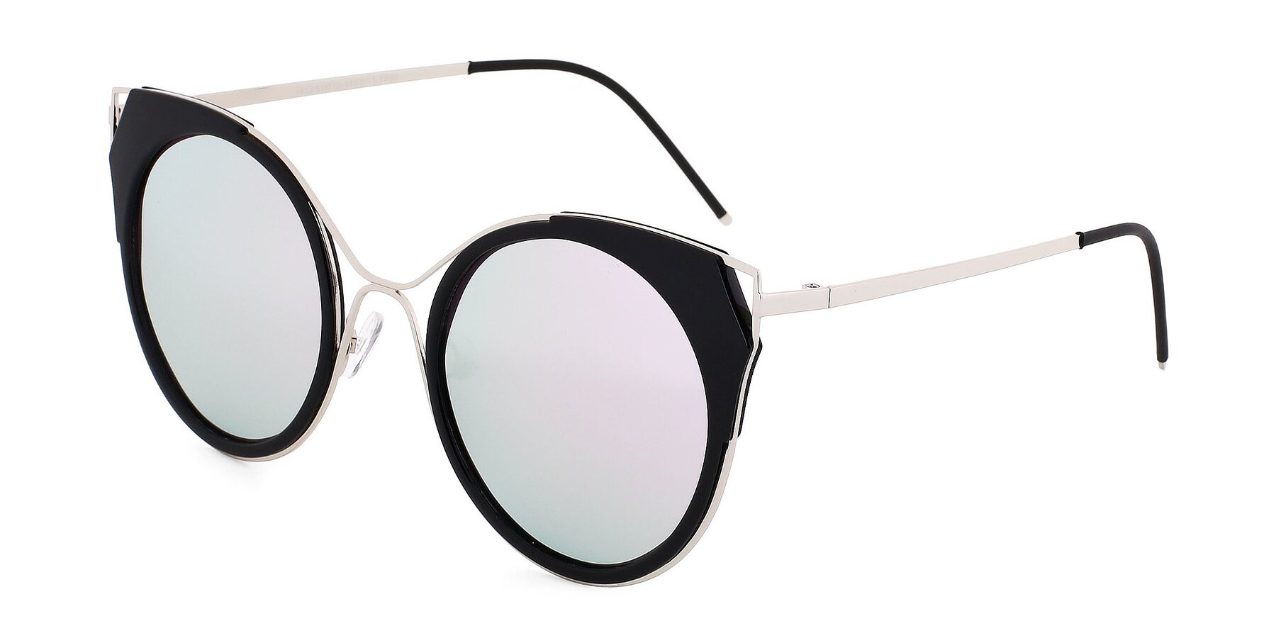 Black-Silver Lightweight Round Cat-Eye Mirrored Polarized Sunglasses with Silver Non-Rx Tac Sun Lenses