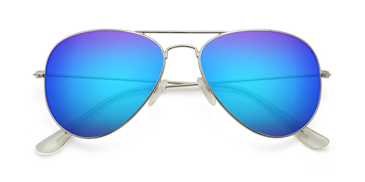 Silver Oversized Thin Aviator Mirrored Polarized Sunglasses With Blue