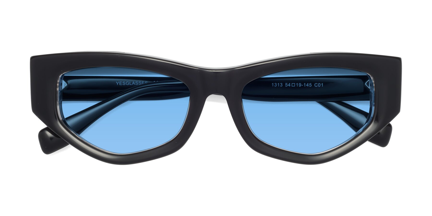Folded Front of 1313 in Black-Clear with Medium Blue Tinted Lenses