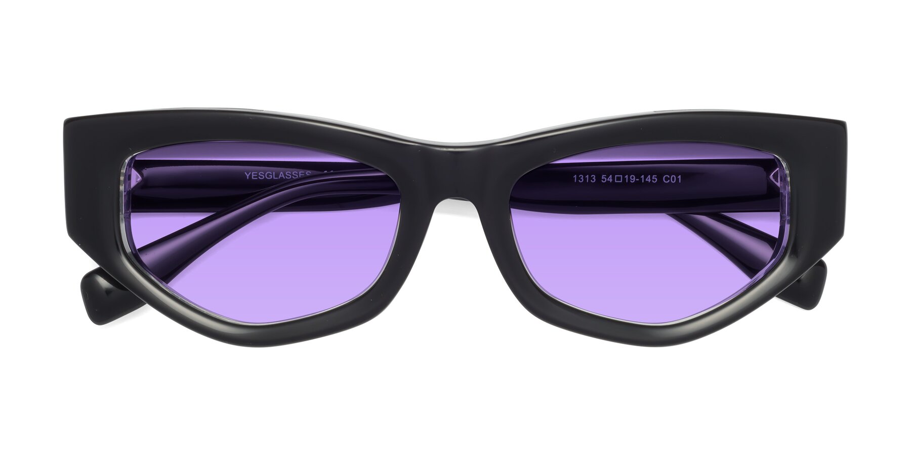 Folded Front of 1313 in Black-Clear with Medium Purple Tinted Lenses