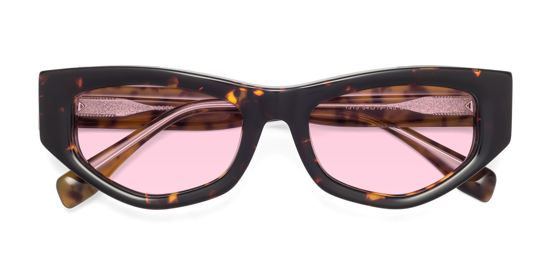 Folded Front of 1313 in Honey Tortoise with Light Pink Tinted Lenses