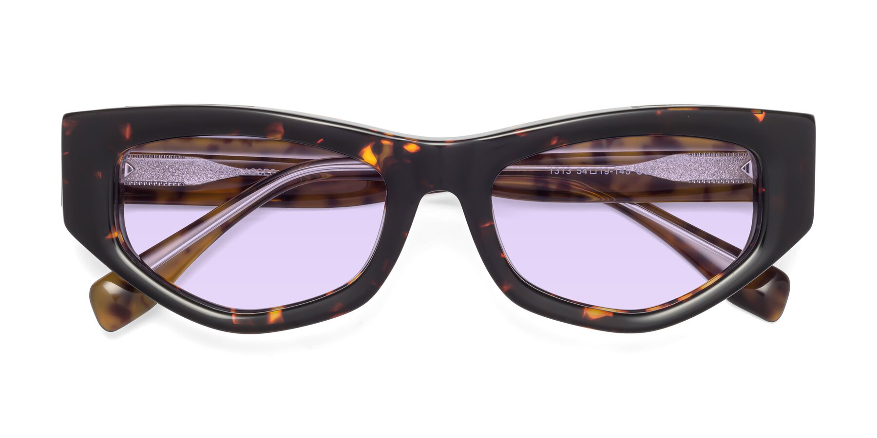 Folded Front of 1313 in Honey Tortoise with Light Purple Tinted Lenses