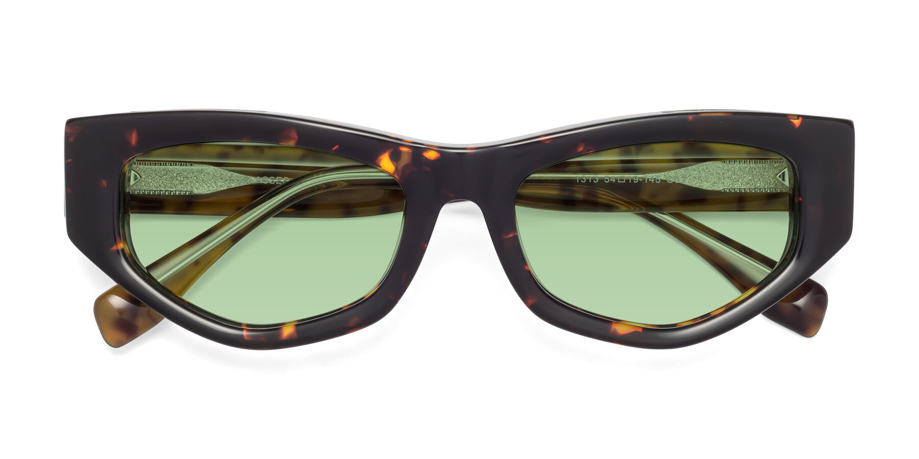 Folded Front of 1313 in Honey Tortoise with Medium Green Tinted Lenses