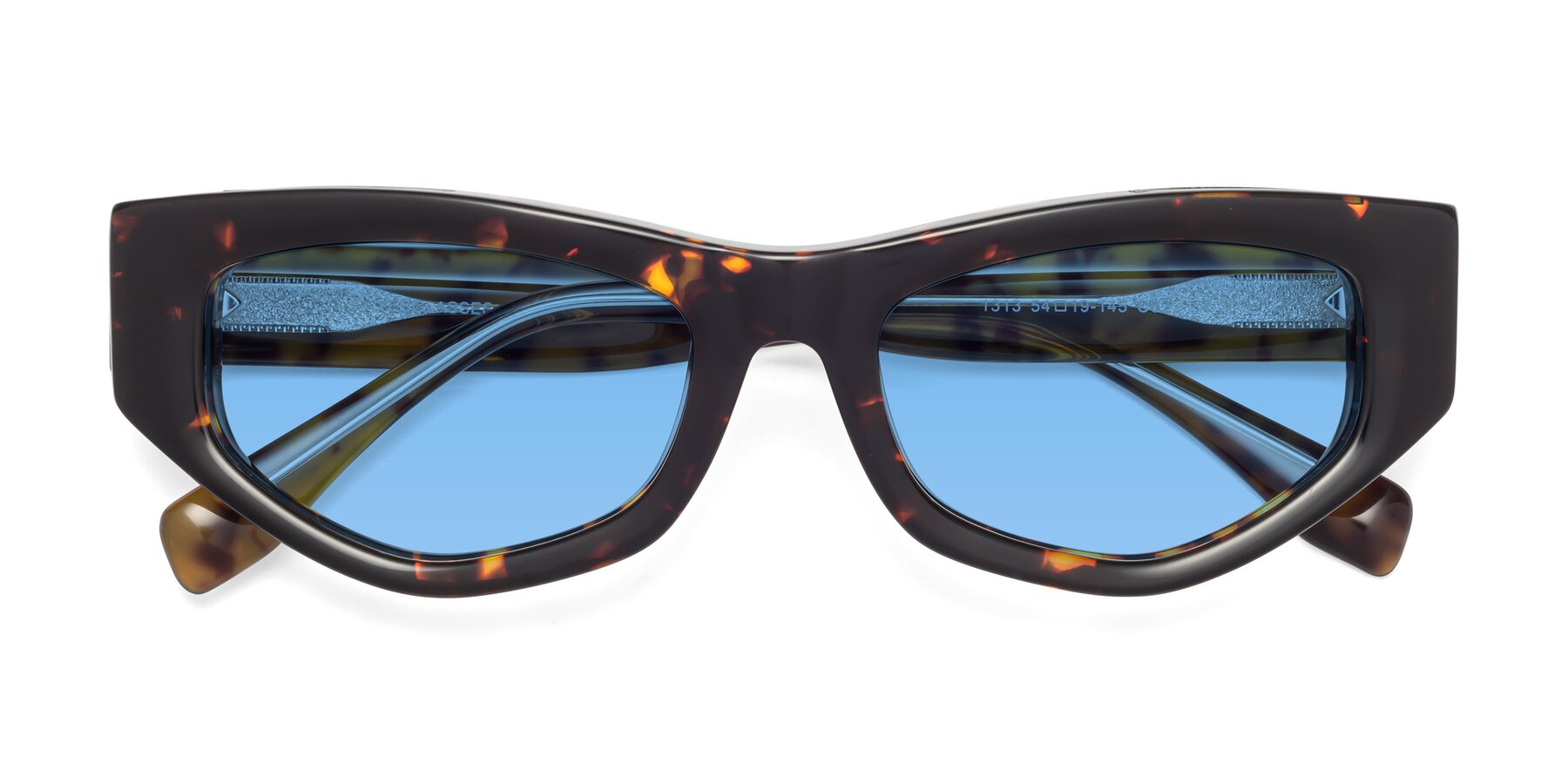 Folded Front of 1313 in Honey Tortoise with Medium Blue Tinted Lenses