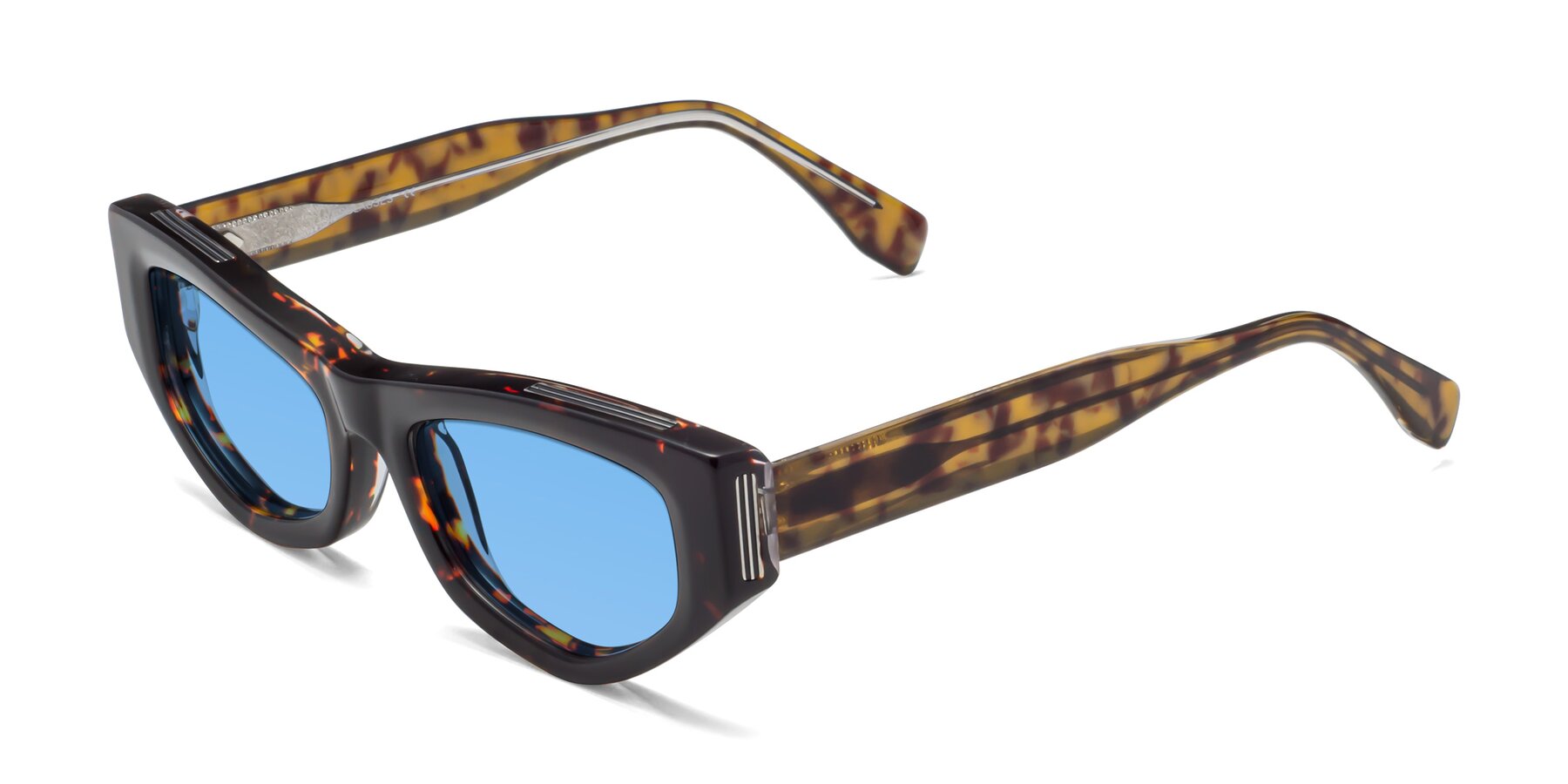 Angle of 1313 in Honey Tortoise with Medium Blue Tinted Lenses