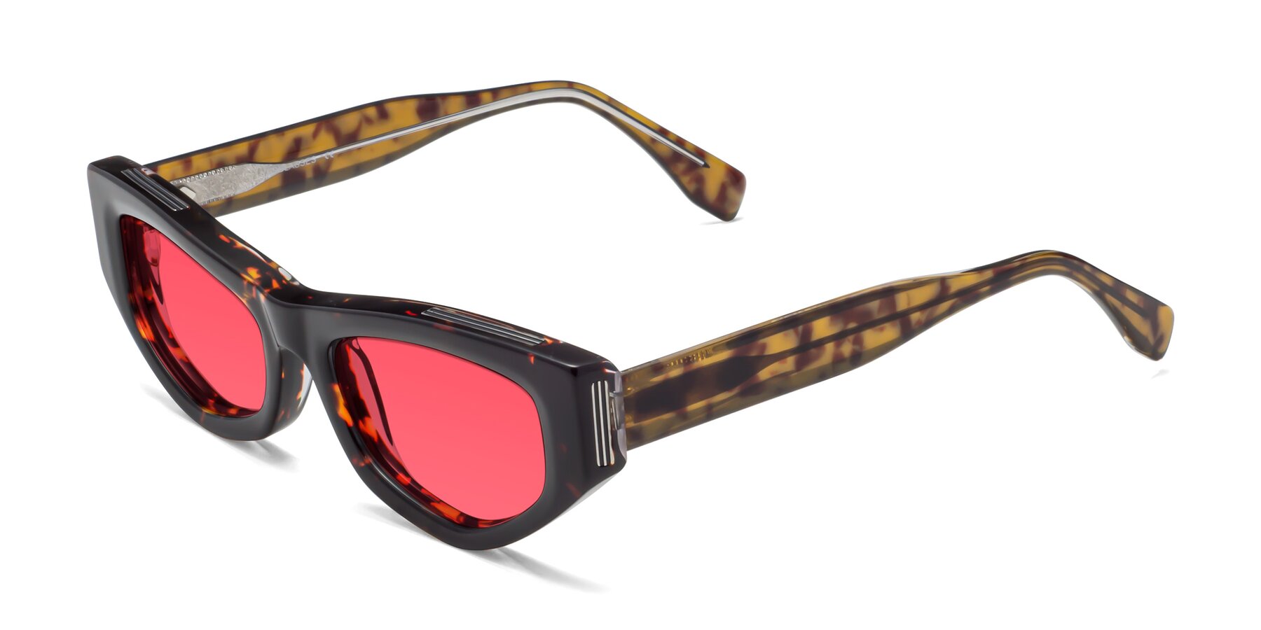 Angle of 1313 in Honey Tortoise with Red Tinted Lenses