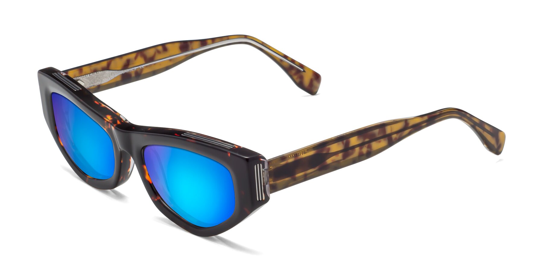 Angle of 1313 in Honey Tortoise with Blue Mirrored Lenses
