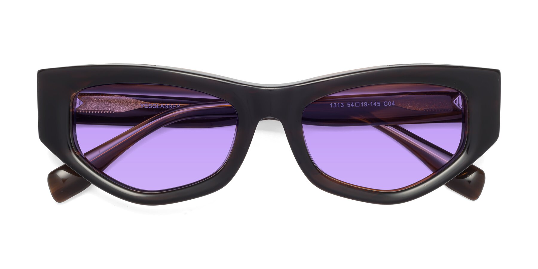 Folded Front of 1313 in Brown with Medium Purple Tinted Lenses