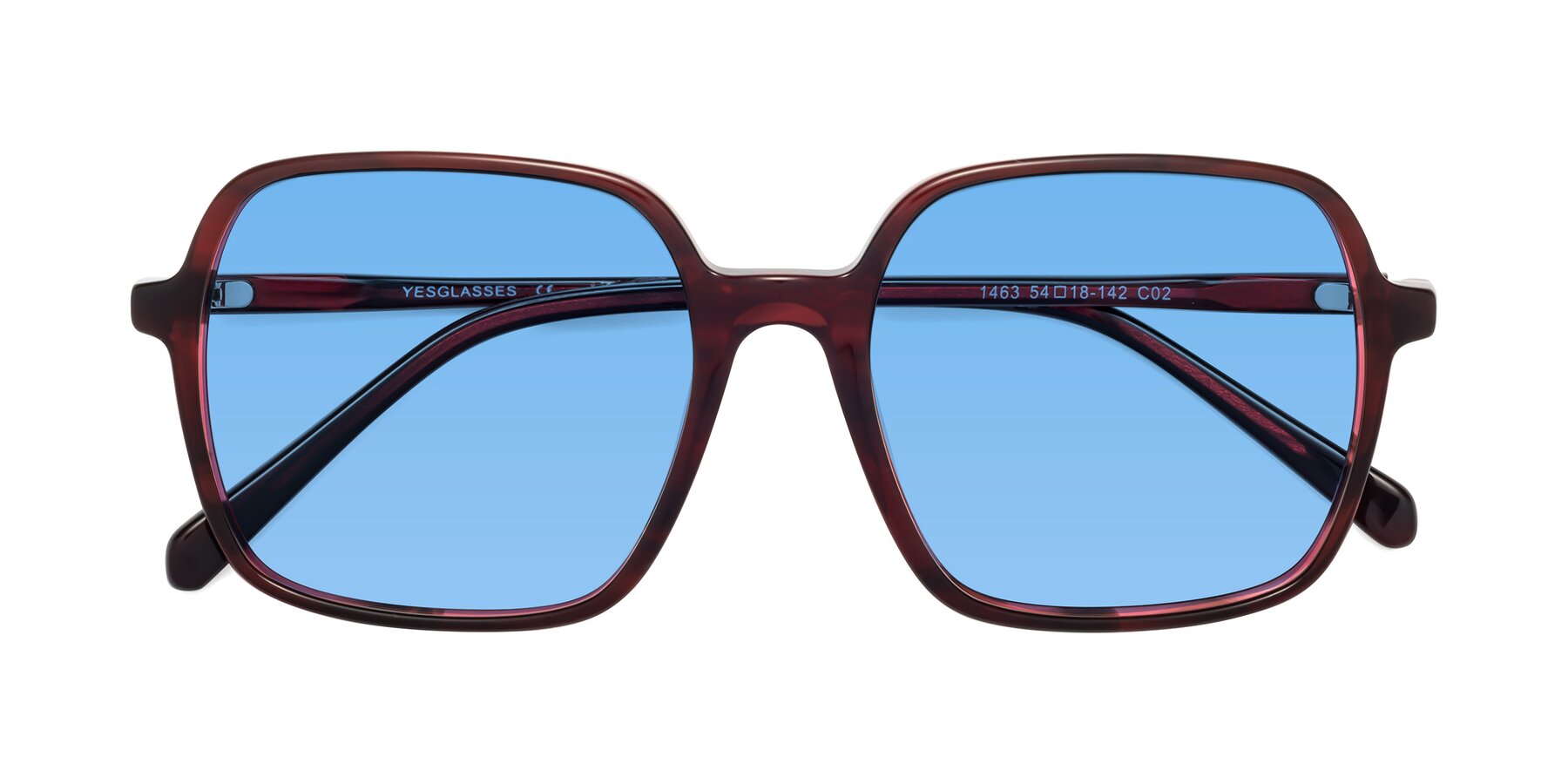Folded Front of 1463 in Wine with Medium Blue Tinted Lenses