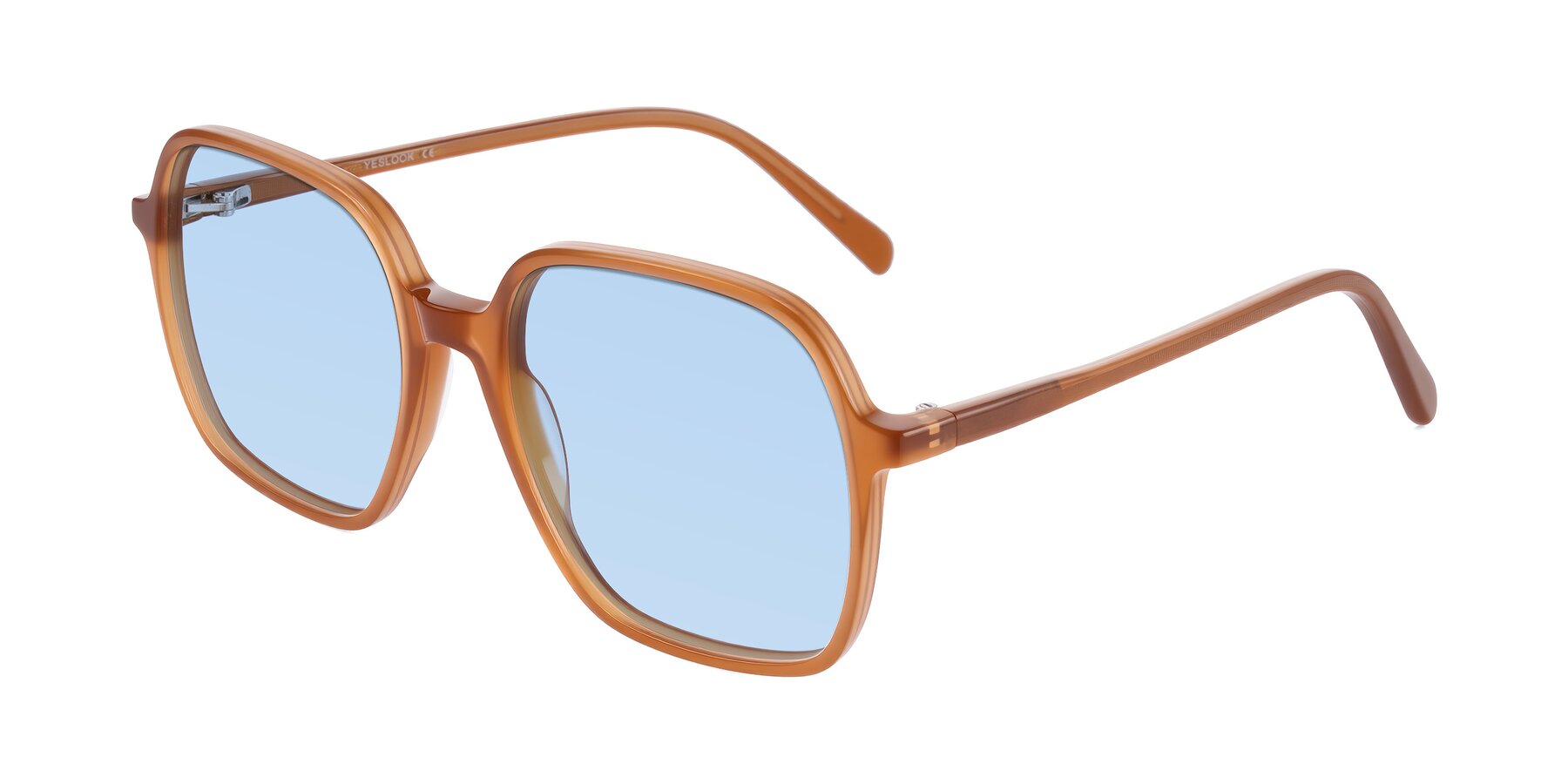 Angle of O'malley in Caramel with Light Blue Tinted Lenses