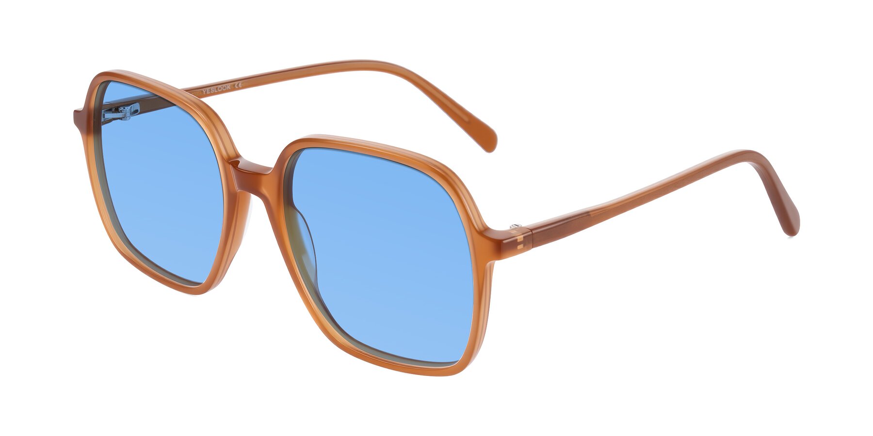 Angle of O'malley in Caramel with Medium Blue Tinted Lenses