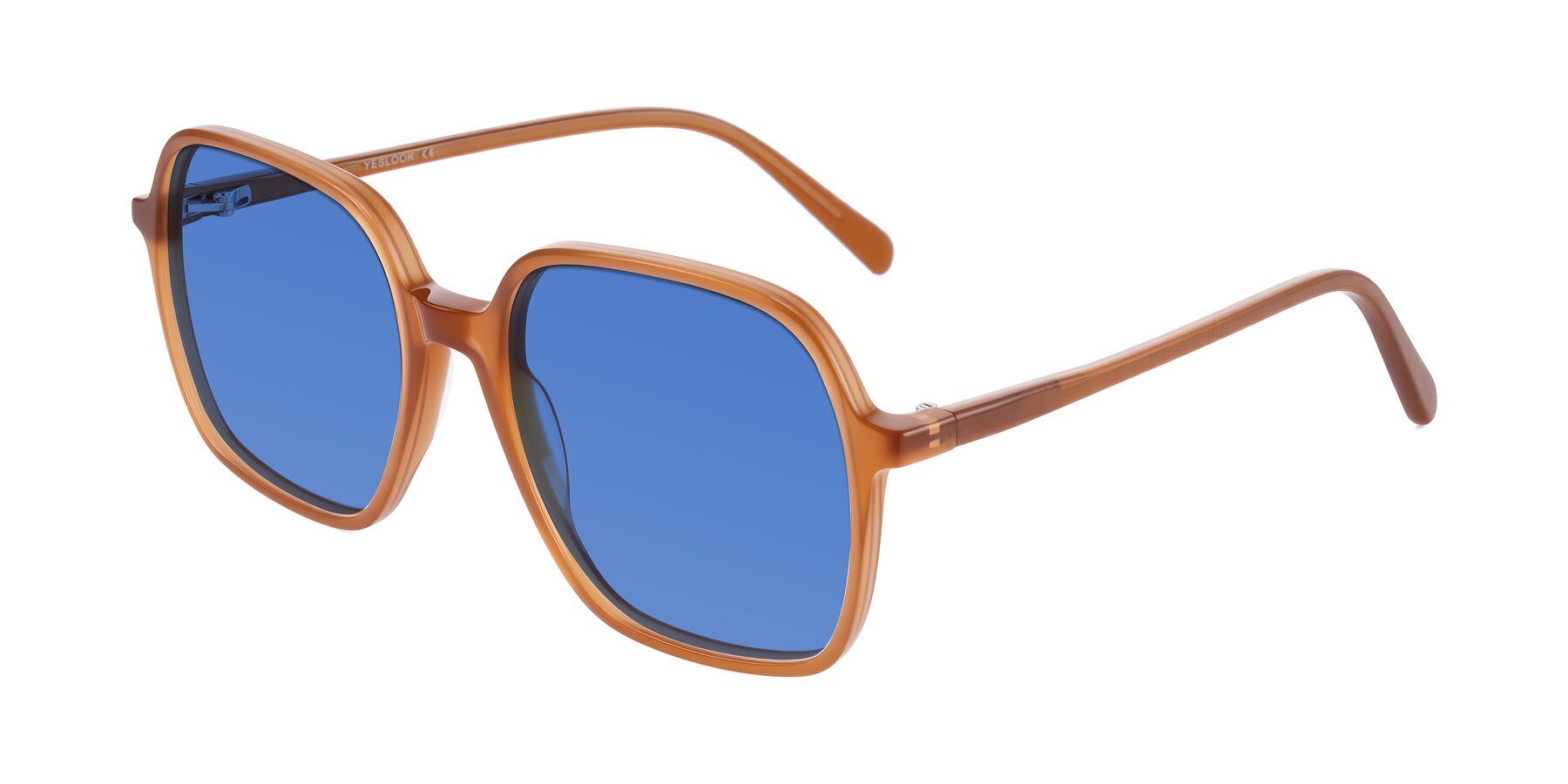 Angle of O'malley in Caramel with Blue Tinted Lenses