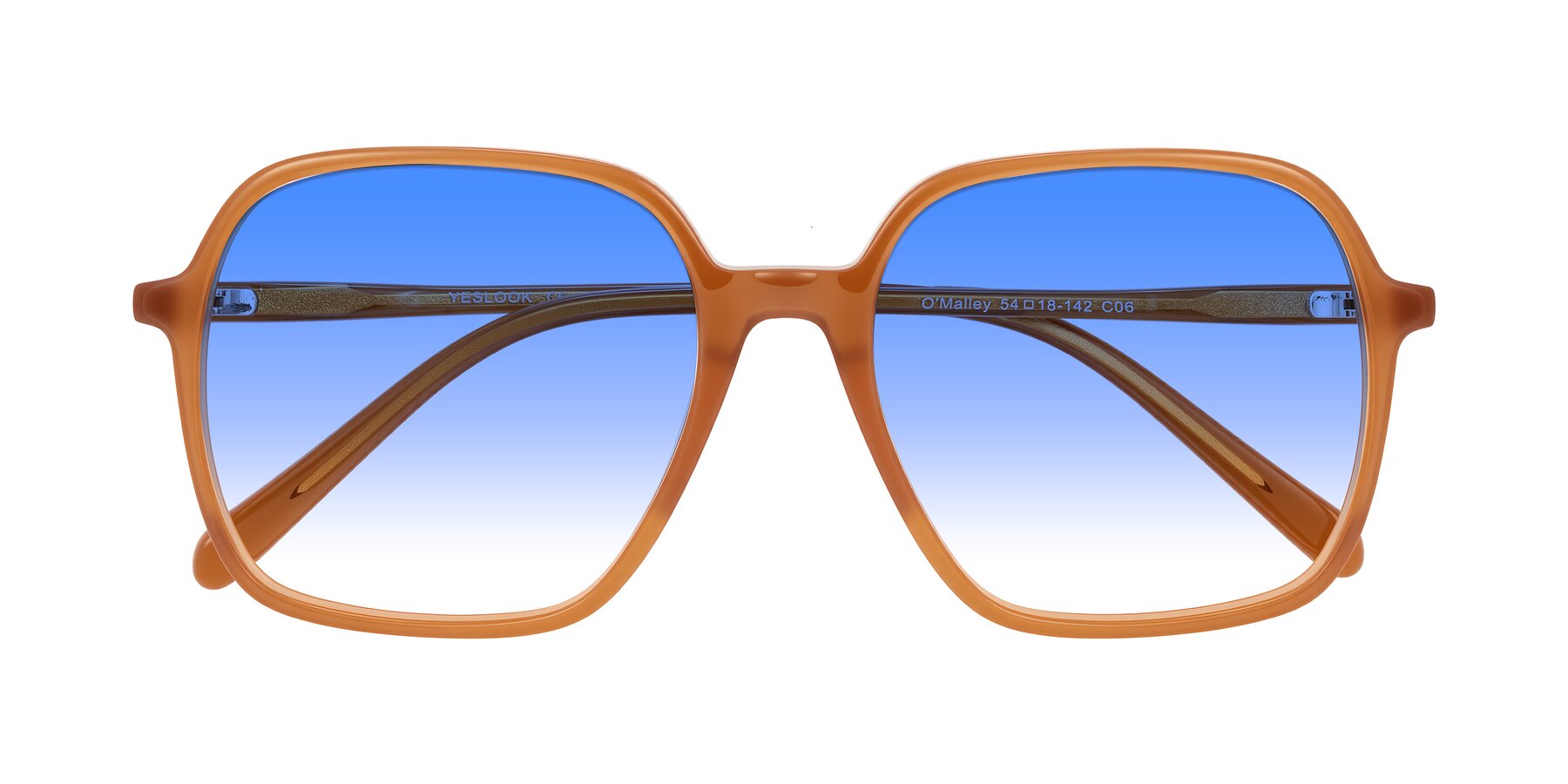 Folded Front of O'malley in Caramel with Blue Gradient Lenses