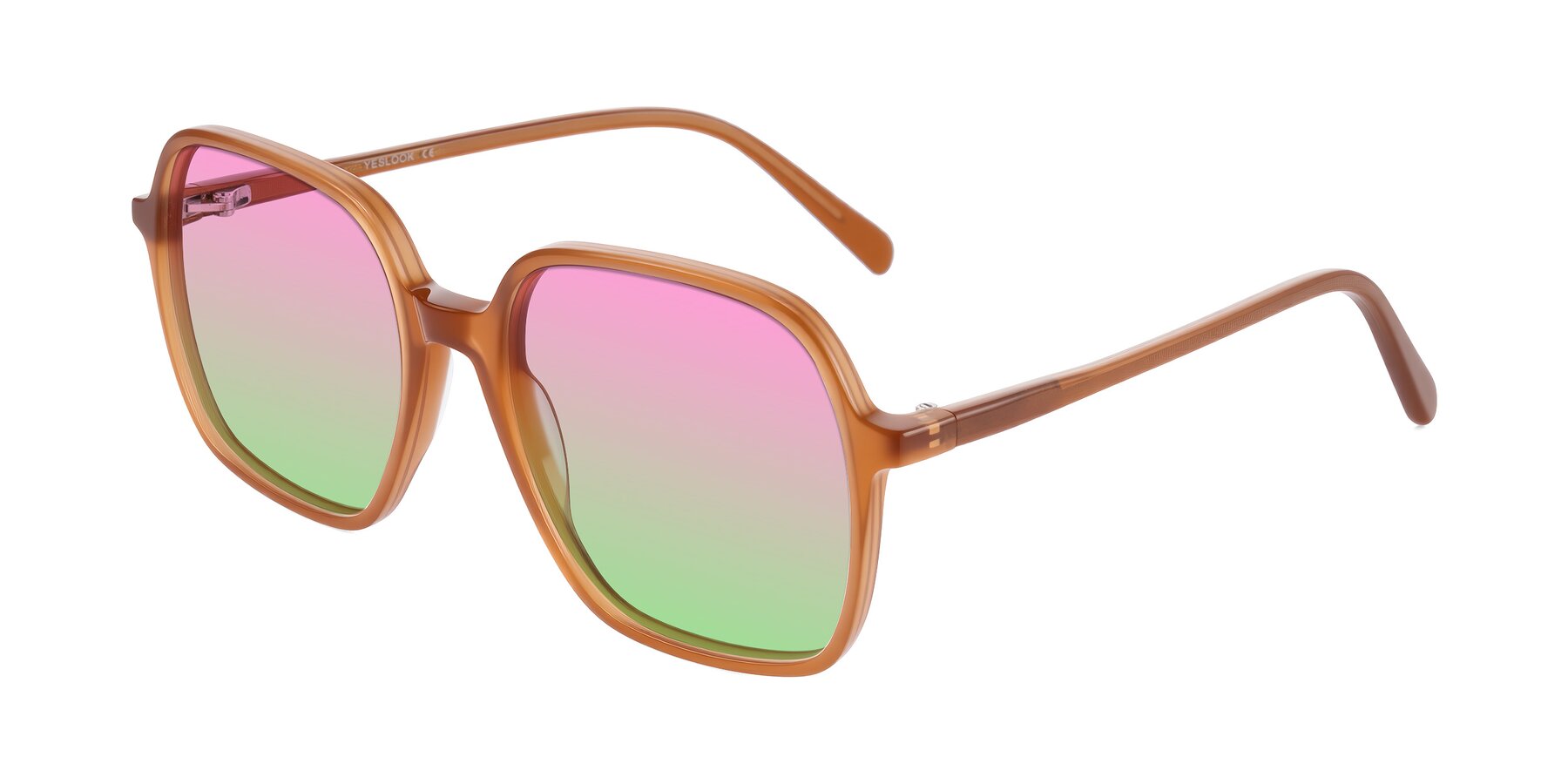 Angle of O'malley in Caramel with Pink / Green Gradient Lenses