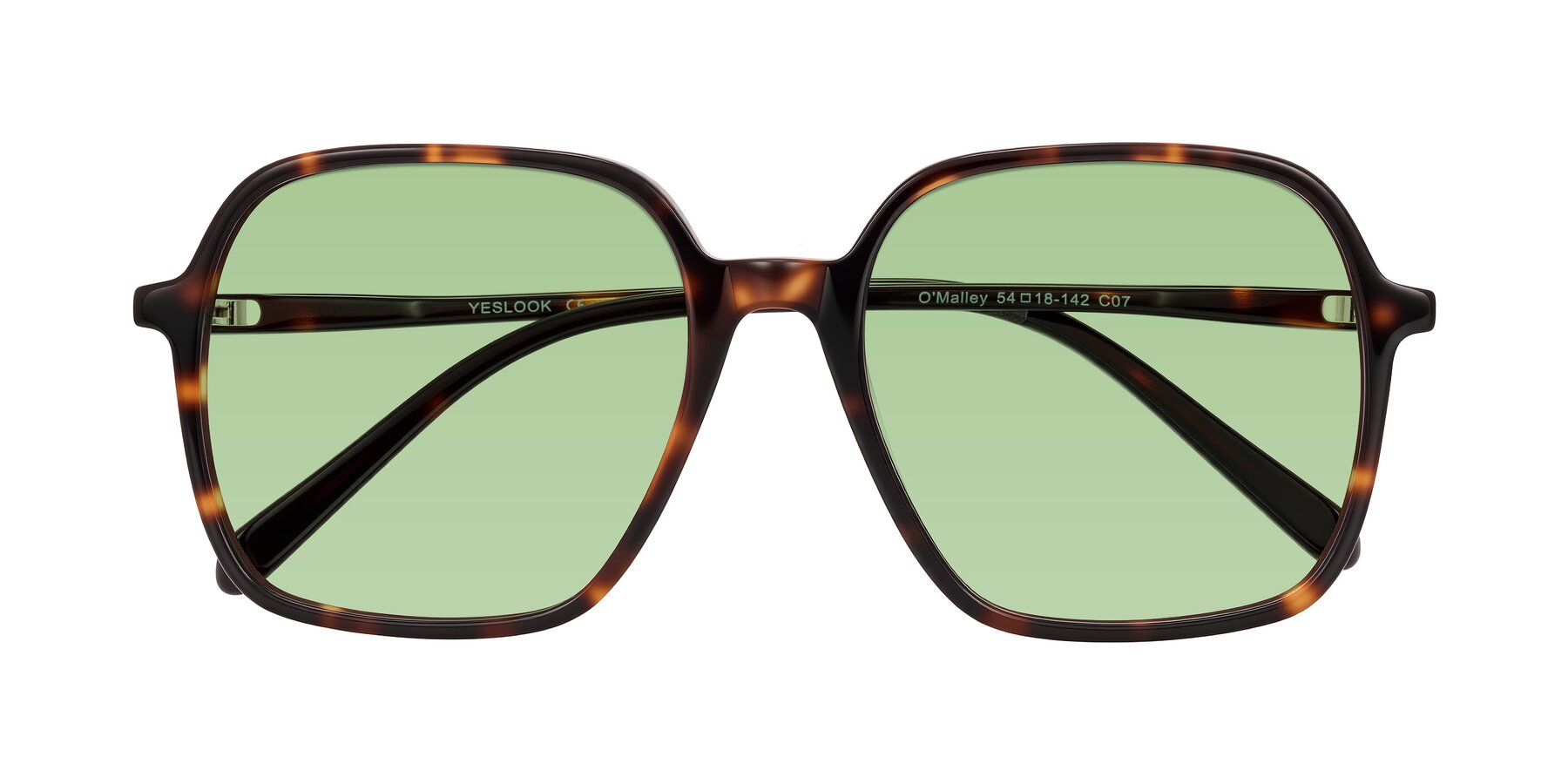 Folded Front of O'malley in Tortoise with Medium Green Tinted Lenses