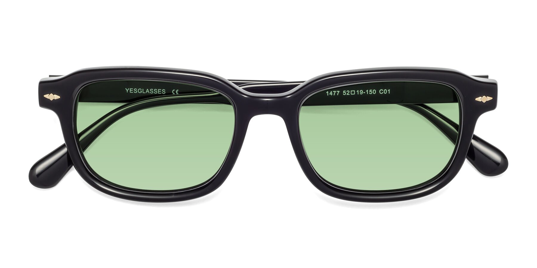 Folded Front of 1477 in Black with Medium Green Tinted Lenses