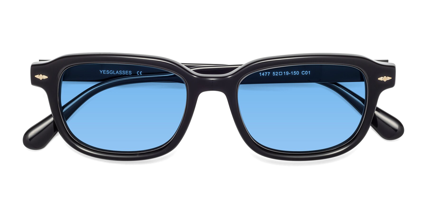 Folded Front of 1477 in Black with Medium Blue Tinted Lenses