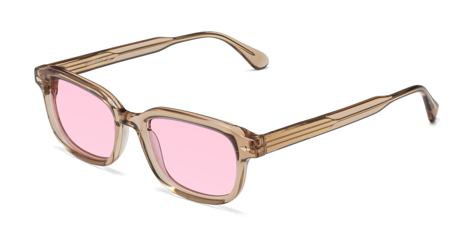 Angle of 1477 in Caramel with Light Pink Tinted Lenses