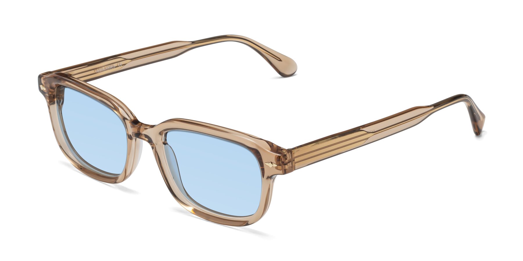 Angle of 1477 in Caramel with Light Blue Tinted Lenses