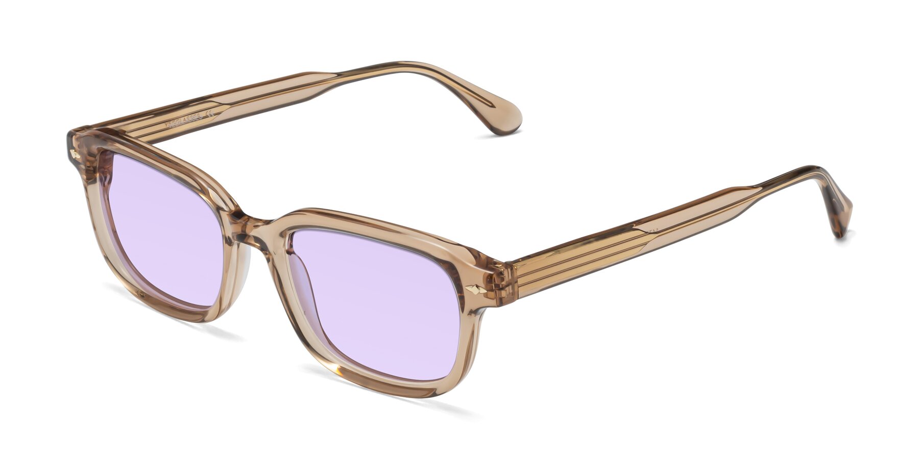 Angle of 1477 in Caramel with Light Purple Tinted Lenses