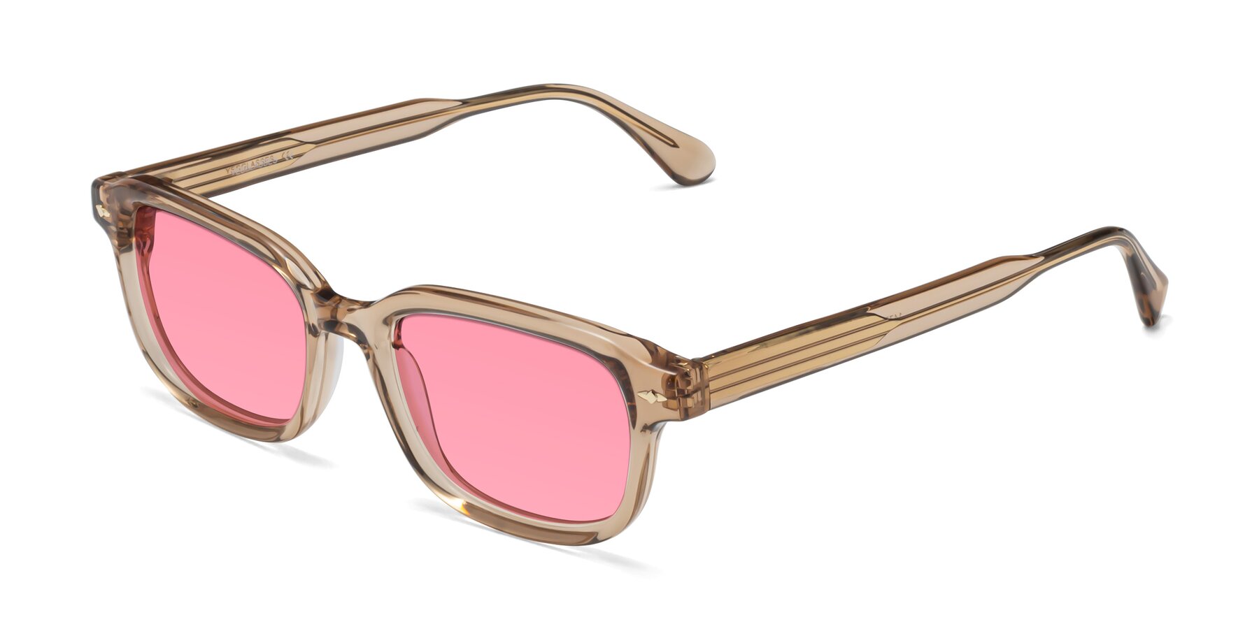 Angle of 1477 in Caramel with Pink Tinted Lenses