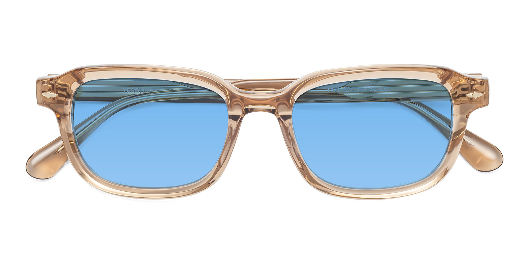 Folded Front of 1477 in Caramel with Medium Blue Tinted Lenses