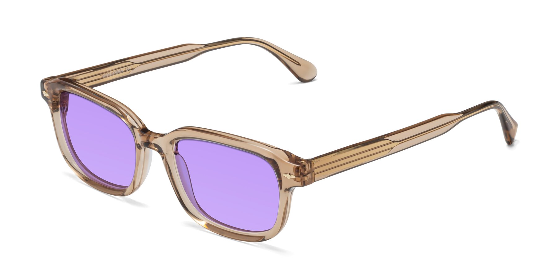 Angle of 1477 in Caramel with Medium Purple Tinted Lenses