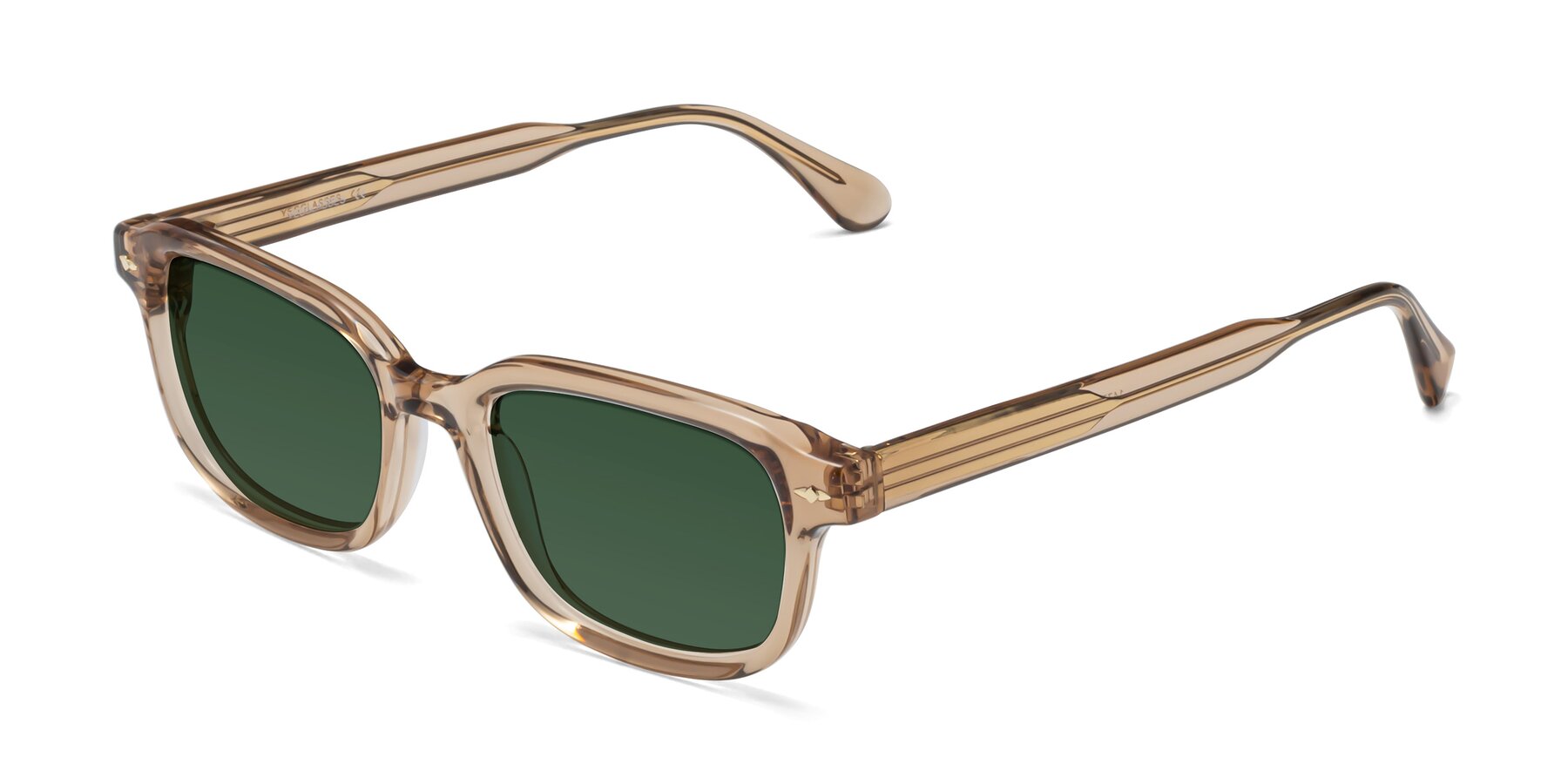 Angle of 1477 in Caramel with Green Tinted Lenses