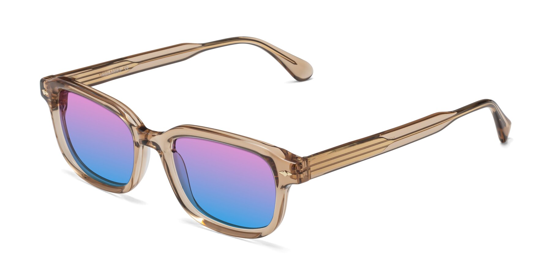 Angle of 1477 in Caramel with Pink / Blue Gradient Lenses