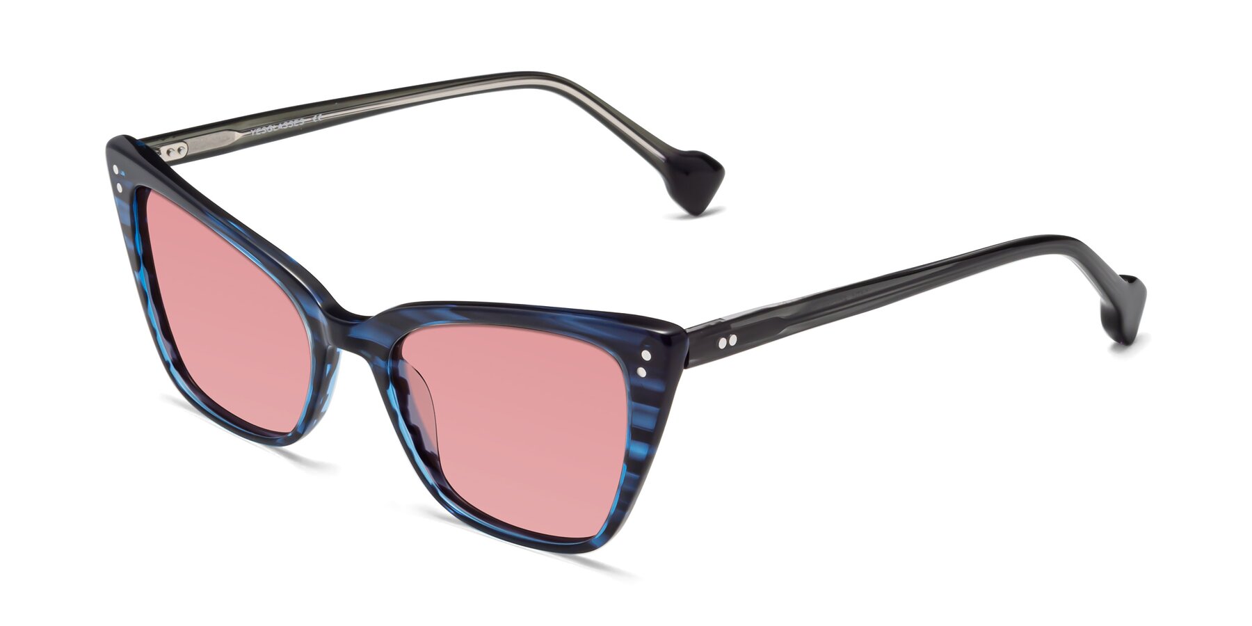 Angle of 1491 in Stripe Blue with Medium Garnet Tinted Lenses