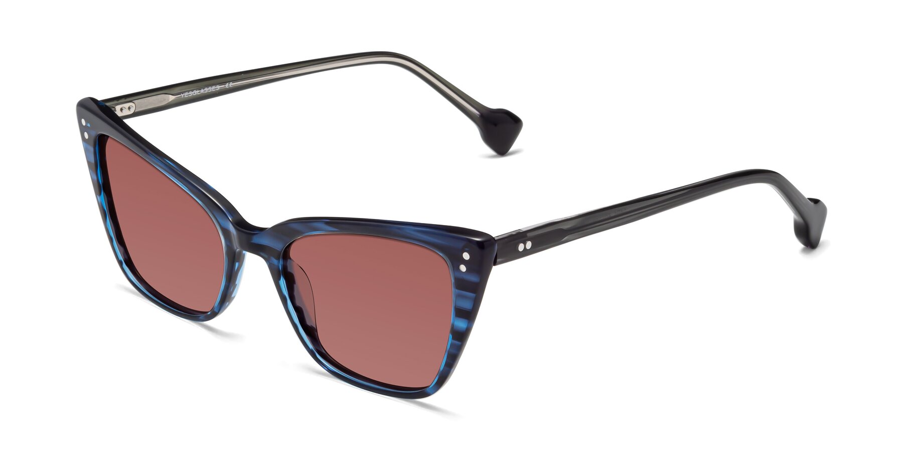 Angle of 1491 in Stripe Blue with Garnet Tinted Lenses