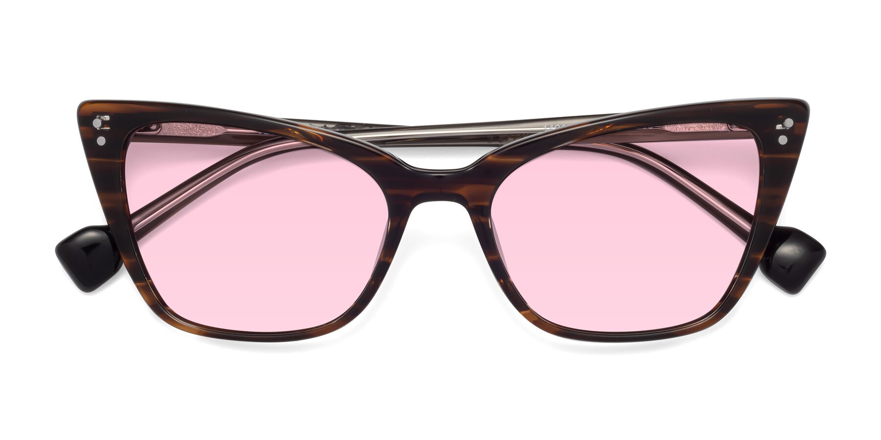 Folded Front of 1491 in Stripe Brown with Light Pink Tinted Lenses