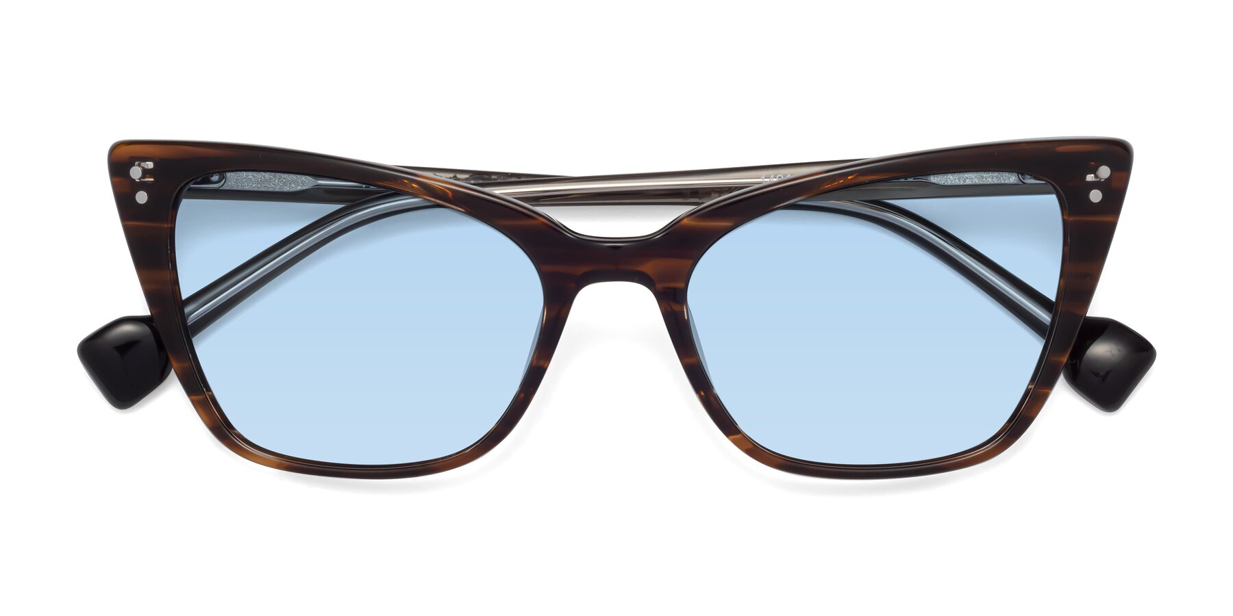Folded Front of 1491 in Stripe Brown with Light Blue Tinted Lenses