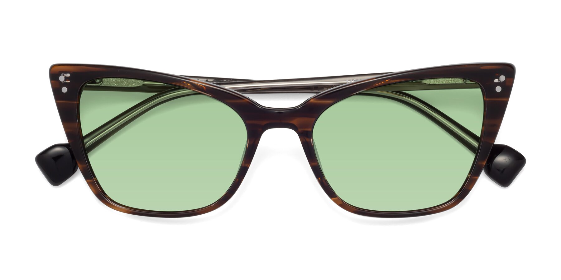Folded Front of 1491 in Stripe Brown with Medium Green Tinted Lenses
