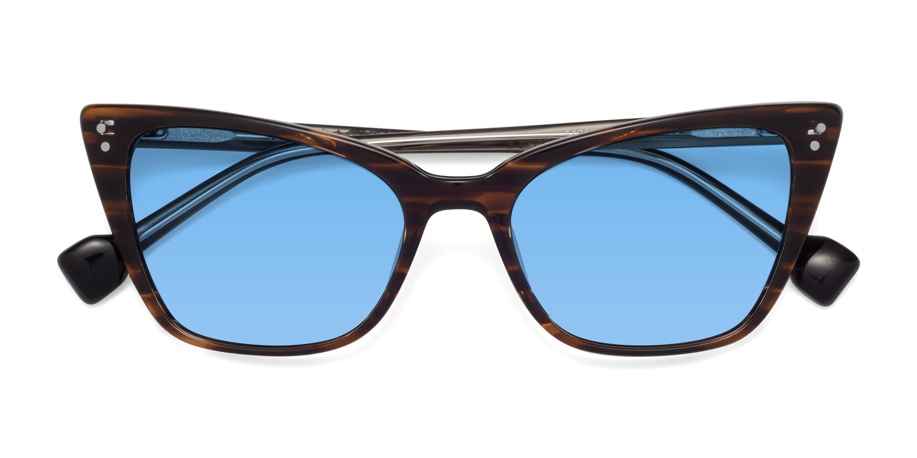 Folded Front of 1491 in Stripe Brown with Medium Blue Tinted Lenses