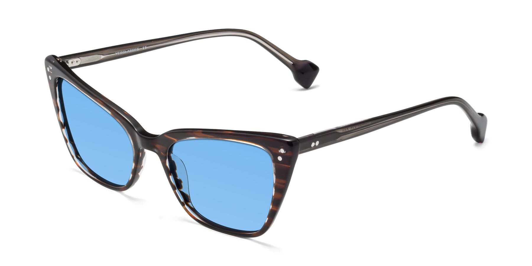 Angle of 1491 in Stripe Brown with Medium Blue Tinted Lenses